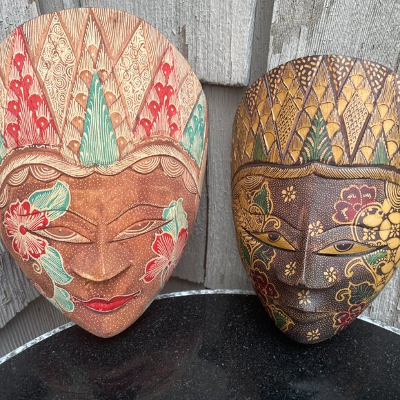 Batik Topeng Wood Hand Carved Mask Lot 2 Indonesian - Picture 7 of 7